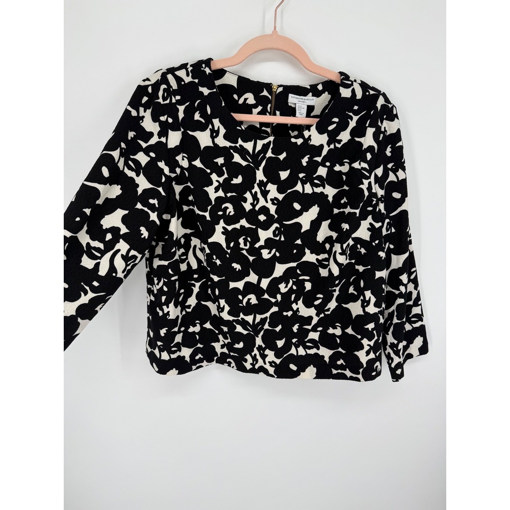 NWT Katherine Barclay Floral Blouse Womens XL Black Cream Zip Back Crepe Top